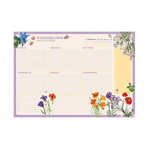 KokonoteWochenplaner Tischkalender Block A4 - Kalender Planer Wild Flowers auf Deutsch - Tischplaner A4 - Tischkalender ohne Datum - Schreibtischunterlage Papier von Kokonote