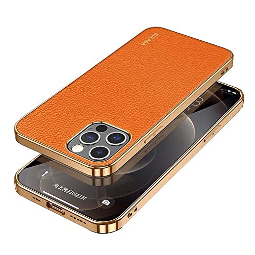 Koliyn Lychee Pattern Back Phone Cover, für Apple iPhone 14 Pro Max Hülle 17.0 cm 2022 Leder Gold Rahmen Stoßfest Case [Bildschirm- und Kameraschutz], Orange von Koliyn