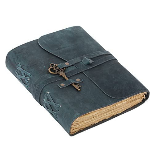 Leder-Tagebuch mit liniertem Büttenrandpapier 20,3 x 15,2 cm und Vintage-Schlüssel/handgefertigtes Schreib-Notizbuch/gebundener täglicher Notizblock für Männer und Frauen (8 x 6, Blue) von Komal’s Passion Leather