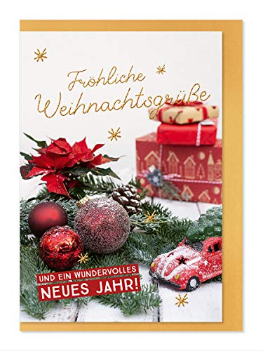 Komma³ Weihnachtskarte Goldenes Fest- Motiv Rote Weihnachtskugeln Weihnachtsstern / Fröhliche Weihnachtsgrüße von Komma³