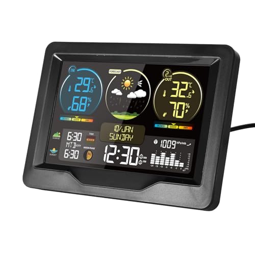 Wetterstation Funk mit Außensensor, Wetterstationen Innen und Außentemperatur Funk mit Wettervorhersage, Digital Farbdisplay Funkwetterstation mit Wettervorhersage, DCF Funkuhr (Schwarz - FJ3383M) von Konesky
