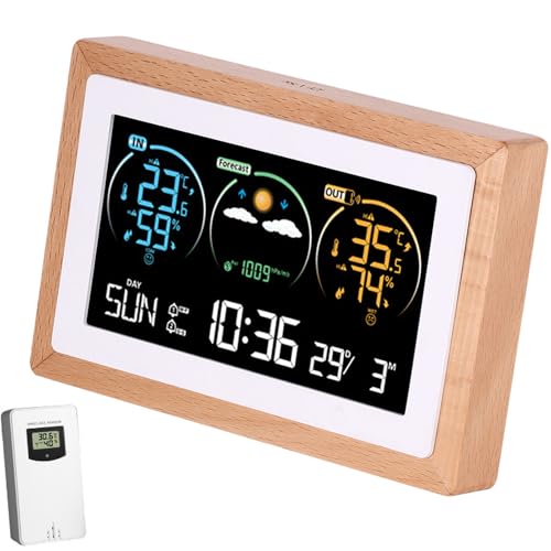 Wetterstation mit Außensensor, Digital Farbdisplay Funkwetterstation Innen Außen mit Wettervorhersage, Wetterstationen mit Temperatur und Luftfeuchtigkeitsalarm für Haus, Büro (Holzfarbe - FJ3399C) von Konesky