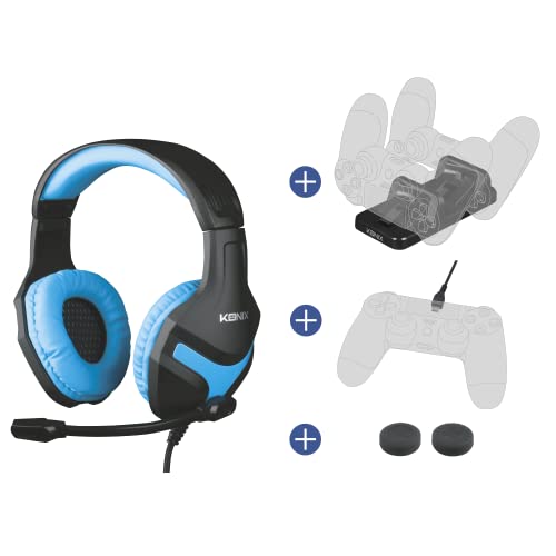 Konix Mythics Gaming-Zubehörpaket für PS4 - PS-400-Headset - Doppel-Ladestation - 3 m USB-Ladekabel - Daumenstützen von Konix