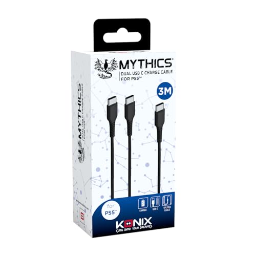 Konix Mythics Magnetisches Ladekabel 3 m, Typ A zu C für DualSense PS5 - Schnellladen - Schwarz von Konix