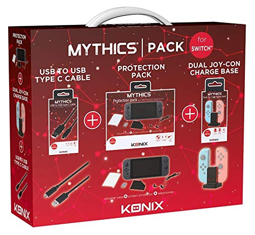 Konix Mythics Zubehörpaket für Nintendo Switch — Joy-Con-Controller-Ladestation, Displayschutzfolie aus gehärtetem Glas+USB-Kabel von Konix