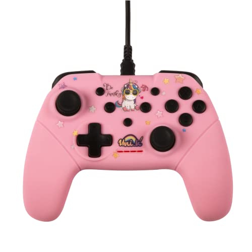 Konix Unik Kabelgebundener Controller für Nintendo Switch, Switch OLED und PC - 3 m Kabel - Motiv Be Funky, Einhorn - Rosa von Konix