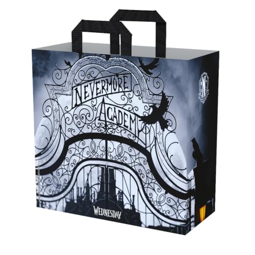 Konix Wednesday Tragetasche - Größe M 40 x 45 x 20 cm - Recyceltes Material - Nevermore Academy Motiv - Schwarz und Weiß von Konix