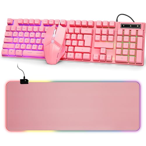 Konohan Gaming-Tastatur und -Maus mit großem Mauspad, 3-in-1, rosa Gaming-Zubehör für Gamer, Büro, Laptop, Spiel von Konohan