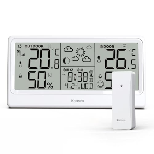 Konsen Wetterstation Funk mit Außensensor DCF Funkuhr, Digital Thermometer Hygrometer Batteriebetrieben für Innen und Außen mit Wettervorhersage, Weiß von Konsen