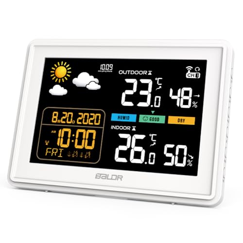 Konsen Wetterstation funk mit Außensensor DCF Funkuhr, Farbdisplay mit großen Zahlen von Innen und Außentemperatur, dauerhafte Beleuchtung, Wettervorhersage, Luftdurckanzeige von Konsen