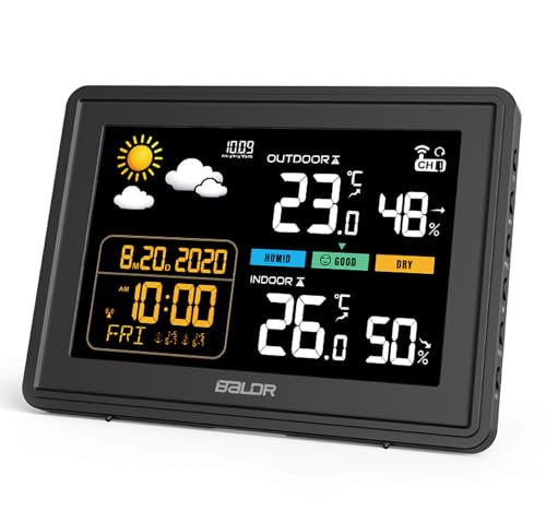 Konsen Wetterstation funk mit Außensensor DCF Funkuhr, Farbdisplay mit großen Zahlen von Innen und Außentemperatur, dauerhafte Beleuchtung, Wettervorhersage, Luftdurckanzeige von Konsen
