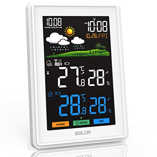 Konsen Wetterstation funk mit Außensensor DCF Funkuhr, Farbdisplay mit großen Zahlen von Innen und Außentemperatur /-luftfeuchtigkeit, Uhrzeit, Wettervorhersage, Luftdurckanzeige von Konsen