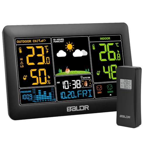 Konsen Wetterstation funk mit Außensensor DCF Funkuhr, Großes Farbdisplay mit Innen und Außentemperatur/-luftfeuchtigkeit, dimmbare Beleuchtung, Wettervorhersage, Luftdruckanzeige von Konsen