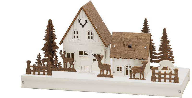 LED Holzsilhouette Waldhäuser mit Rentieren von Konstsmide