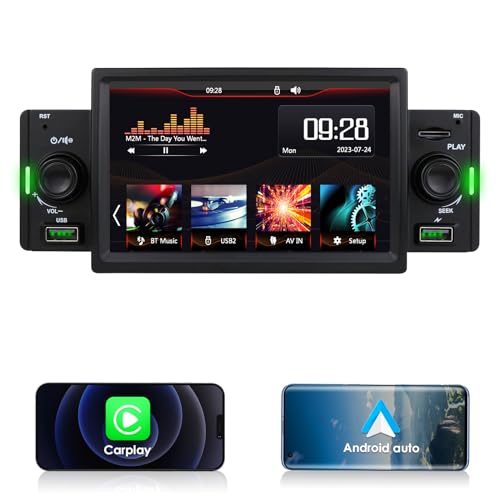 Autoradio Stereo 5 Zoll Single Din Wireless Apple CarPlay für Android Auto, Mirrorlink/Mobile Charging, Bluetooth, USB Telefone, Musikwiedergabe, Radio, Auto Navigation (1 Din) von KooDux