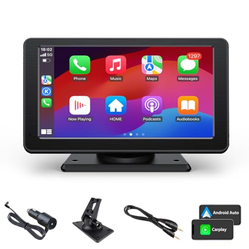 KooDux Wireless Carplay & Android Auto Tragbares Autoradio, 7-Zoll HD Auto Stereo Carplay Display mit Bluetooth, Sprachsteuerung, AUX, FM, Airplay, Videowiedergabe, GPS-Navigation von KooDux