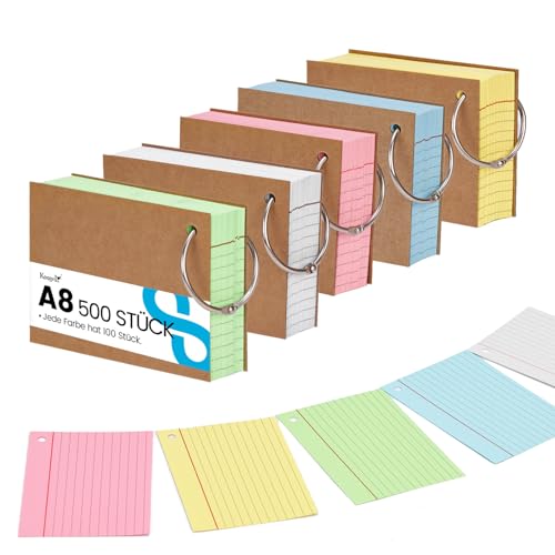 Koogel Karteikarten A8 mit Metallringen, 500er Set in 5 Farben – Lernkarten für Studium, TestDaF, Anatomie, Abitur, Vokabeltraining, 7.3 x 5.1 cm von Koogel