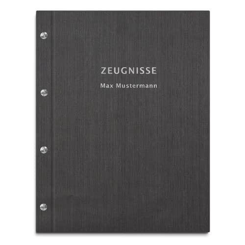Personalisierte Zeugnismappe in schwarzer Leinenoptik – 2-zeiliger Wunschtext als Prägung – 12 Hüllen für DIN-A4 Dokumente von Kopierladen Karnath GmbH