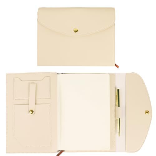 Koqye A5-Planer-Einband, PU-Leder, dreifach gefaltet, inkl. 100 Blatt Nachfüllung & goldfarbenem Stift, mit Stifthalter, Handytasche, Sicherheitsknopf für Visitenkarten, Dokumente (Beige) von Koqye