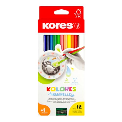 Kores - Akuarelle: 12 Wasserfarbenstifte für Kinder, Anfänger und Erwachsene mit weicher Mine und in Dreieckiger Form, Schul- und Kunstbedarf, Set aus 12 Sortierten Farben von Kores