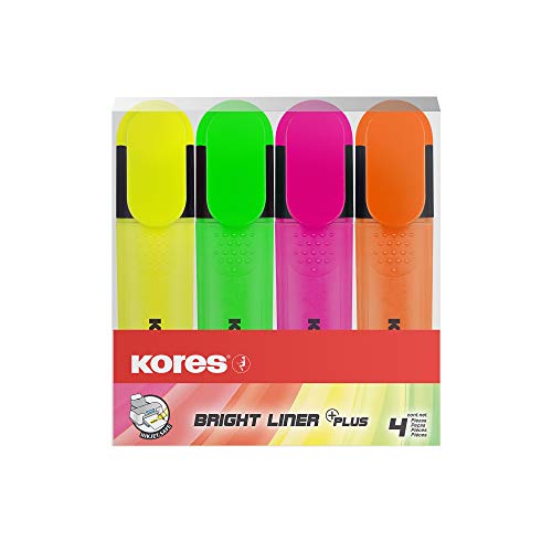 Kores - Bright Liner Plus: Strahlende Textmarker Stifte, Keilspitze und wasserbasierte Tinte, Ergonomische Form, Schul- und Bürobedarf, Set von 4 sortierten Farben von Kores