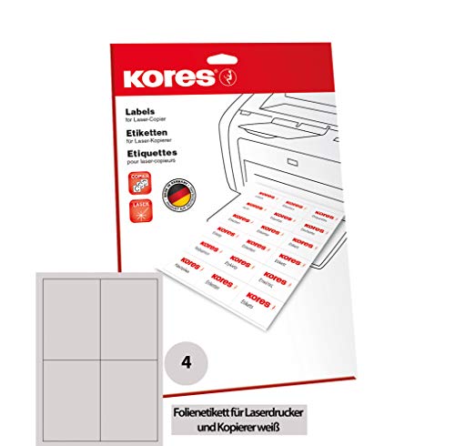 Kores Folien Etiketten weiß Laser+Kopierer 105,0 x 148,0mm 10 Blatt 40 Etiketten, reißfest, wasserfest, abwaschbar von Kores