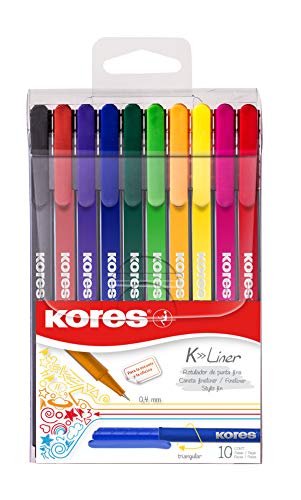 Kores - K-Liner: Farbige Fineliner, 0,4 mm Fine Point Stifte zum Schreiben, Skizzieren und Zeichnen, metallgefasste Spitze, dreieckige ergonomische Form, Schul- und Bürobedarf, 10er-Pack von Kores