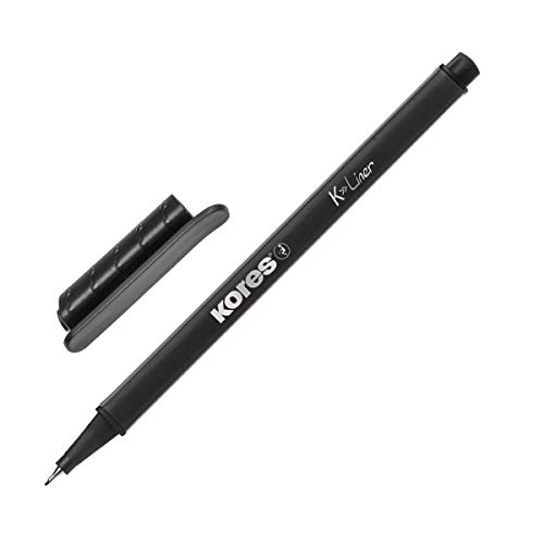 Kores - K-Liner: Schwarze Fineliner, 0,4 mm Fine Point Stifte zum Schreiben, Skizzieren und Zeichnen, metallgefasste Spitze, dreieckige ergonomische Form, Schul- und Bürobedarf, 12er-Pack von Kores