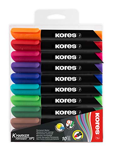 Kores - K-Marker XP1: Farbige Permanentmarker, 3 mm Rundspitze mit wasserfester und geruchsarmer Tinte, für alle Oberflächen, 10er-Pack, sortierte kräftige Farben von Kores