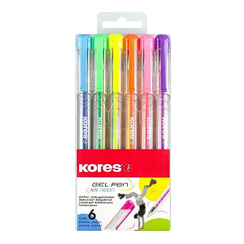 Kores - K11: Farbige Neon Gelschreiber, 0,8 mm mittlere Spitze mit Geltinte für flüssiges Schreiben, dreieckige ergonomische Form, Schul- und Bürobedarf, 6 Stück in verschiedenen Neonfarben von Kores