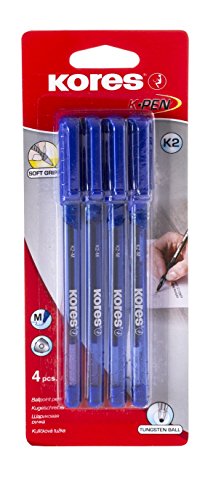Kores K2 4 Stück Kugelschreiber dreieckig mit Soft Grip Spitze 1 mm Medium Tinte Blau von Kores