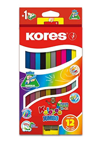 Kores - Kolores Duo Jumbo: 12 doppelseitige Buntstifte für Kinder mit weicher Mine und ergonomischer Form, Set mit 24 verschiedenen Farben und Anspitzer inklusive von Kores