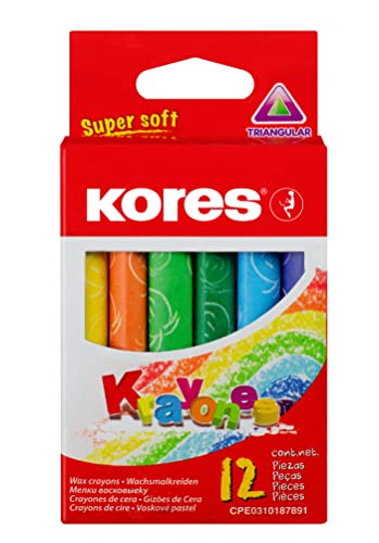 Kores - Krayones: 12 Wachsmalstifte für Kinder, Ergonomische Dreikantform, Ungiftig und Kinderfreundlich, Kunst und Basteln und Schulbedarf, Set von 12 sortierten Farben von Kores