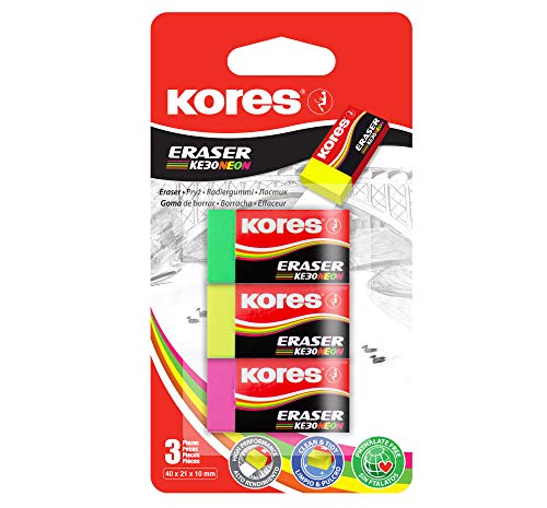 Kores Radiergummi KE-30, Papier, PVC, 40 x 21 x 10 mm, Neon, 3 Stück von Kores