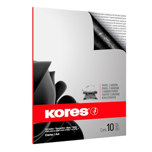 Kores - Schwarzes Kohlepapier für Schreibmaschinen, Kein Verschmieren und wiederverwendbar, Schul- und Büroartikel, Format DIN A4, Packung mit 10 Blatt von Kores