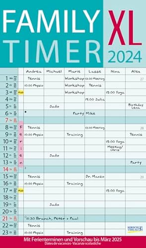 Family-Timer XL türkis - Familienplaner 2024 für 6 Personen - Korsch-Verlag - Kalender mit 6 Spalten zum Eintragen - 27 cm x 46 cm von Korsch Verlag