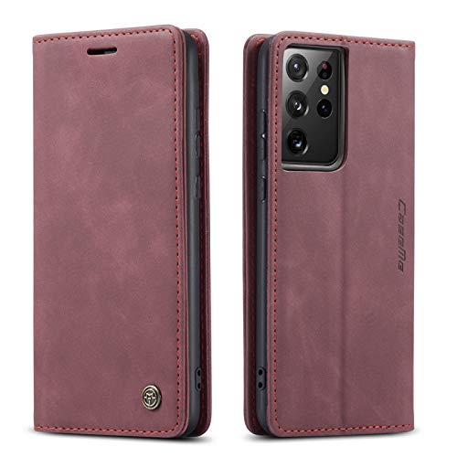 Kowauri Flip Case für Galaxy S21 Ultra, Leder Wallet Case Klassisches Design mit Kartenfach und Magnetverschluss Flip Fold Case für Samsung Galaxy S21 Ultra 5G (Weinrot) von Kowauri