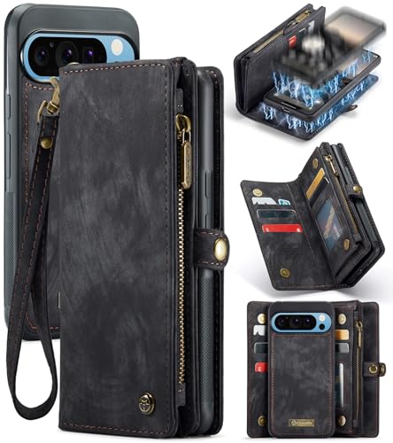 Kowauri Schutzhülle für Google Pixel 9 Pro XL, Reißverschluss, Leder, Brieftasche, Kartenhalter, Handschlaufe, abnehmbar, magnetisch, stoßfest, Schutzhülle für Google Pixel 9 Pro XL (Schwarz) von Kowauri