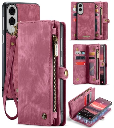 Kowauri Schutzhülle für Samsung Galaxy S25 Edge, Reißverschluss, Leder, Brieftasche, mit Kartenhalter, Handschlaufe, abnehmbar, magnetisch, stoßfest, Schutzhülle für Galaxy S25 Edge (Rot) von Kowauri
