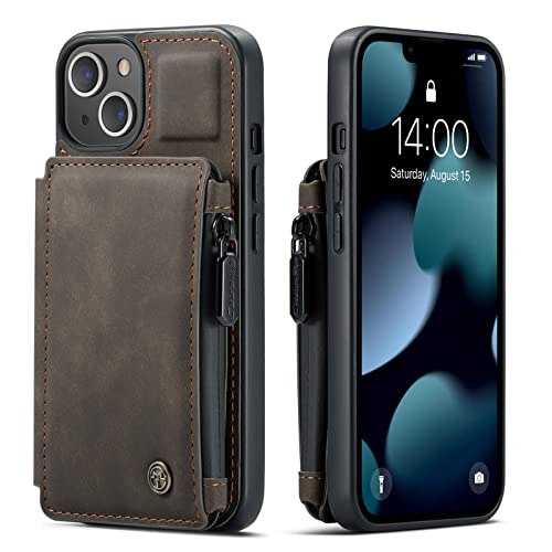 Kowauri Schutzhülle für iPhone 13 Mini, Doppelter Magnetverschluss, Reißverschluss, Geldbörse, Brieftaschenetui mit Kreditkartenfächern, Klappdeckel für iPhone 13 Mini 5.4 Zoll 2021 (Kaffeebraun) von Kowauri