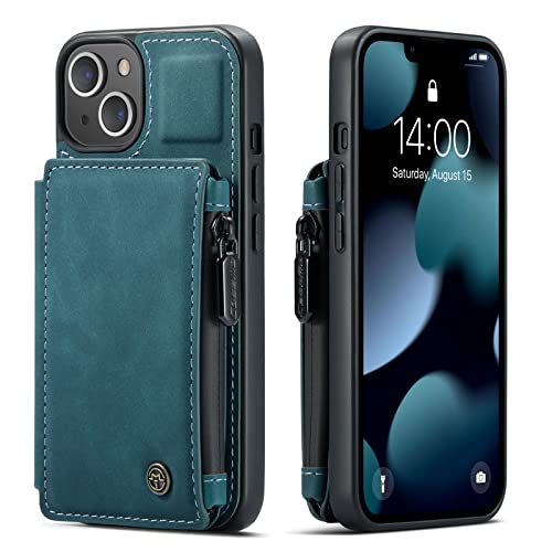 Kowauri Schutzhülle für iPhone 13 Mini, Doppelter Magnetverschluss, Reißverschluss, PU-Leder, Brieftaschen-Schutzhülle mit Kreditkartenfächern, für iPhone 13 Mini 5,4 Zoll (13,7 cm), Blaugrün von Kowauri