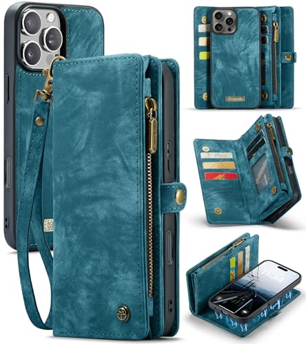 Kowauri Schutzhülle für iPhone 16 Pro Max 17,5 cm (6,9 Zoll), Reißverschluss, Leder, Brieftasche, mit Kartenhalter, Handschlaufe, abnehmbar, magnetisch, stoßfest, Schutzhülle für iPhone 16 Pro Max von Kowauri