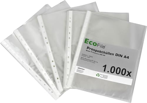 Prospekthülle A4 nachhaltig aus Post-Consumer-Recycling PP 60 my transparent genarbt, mit Abheftrand, Schmalseite oben offen – 1000 Stück von Kranholdt