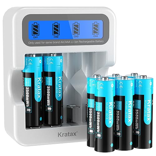 Kratax Wiederaufladbare 1,5V AA Akku, 8 Stück 1,5V AA Akku Lithium mit LCD-Display Ladegerät, 3500mWh mit 1600 Ladezyklen, Kompatibel mit Blink Camera VR/AR Headset Xbox Controller Kratax Wiederaufladbare 1,5V AA Akku, 8 Stück 1,5V AA Akku Lithium mit LCD-Display Ladegerät, 3500mWh mit 1600 Ladezyklen, Kompatibel mit Blink Camera VR/AR Headset Xbox Controller von Kratax