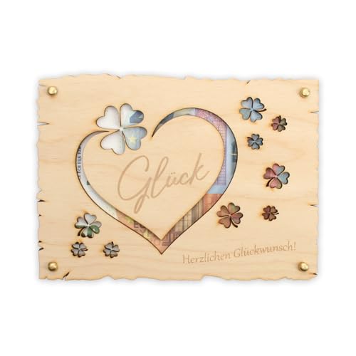 Kreative Feder „Glück“ - Glückwunsch-Karte aus Holz für alle feierlichen Anlässe – DIY Holzkarte für Geldgeschenke; Größe ca. 14,6 x 19,7cm (Glück) von Kreative Feder