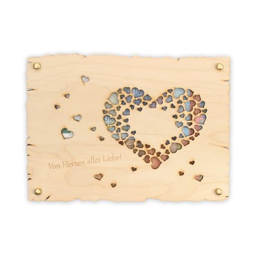 Kreative Feder „Von Herzen alles Liebe“ - Glückwunsch-Karte aus Holz für alle feierlichen Anlässe – DIY Holzkarte für Geldgeschenke; Größe ca. 14,6 x 19,7cm (Alles Liebe) von Kreative Feder