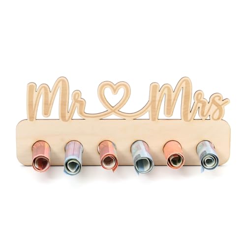 Kreative Feder Geldgeschenk für feierliche Anlässe - Geldscheinhalter aus Holz in originellem Design mit 6 Löchern für Geldscheine (Mr & Mrs) von Kreative Feder
