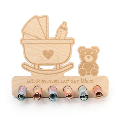 Kreative Feder Geldgeschenk für feierliche Anlässe - Geldscheinhalter aus Holz in originellem Design mit 6 Löchern für Geldscheine (Willkommen auf der Welt) von Kreative Feder