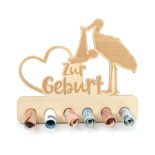 Kreative Feder Geldgeschenk für feierliche Anlässe - Geldscheinhalter aus Holz in originellem Design mit 6 Löchern für Geldscheine (Zur Geburt) von Kreative Feder