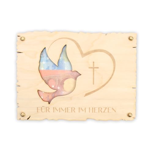Kreative Feder Trauerkarte Für immer im Herzen aus Holz zum Abschied – handgefertigte 3D Beileidskarte Größe ca. 14,6 x 19,7cm (Taube) von Kreative Feder
